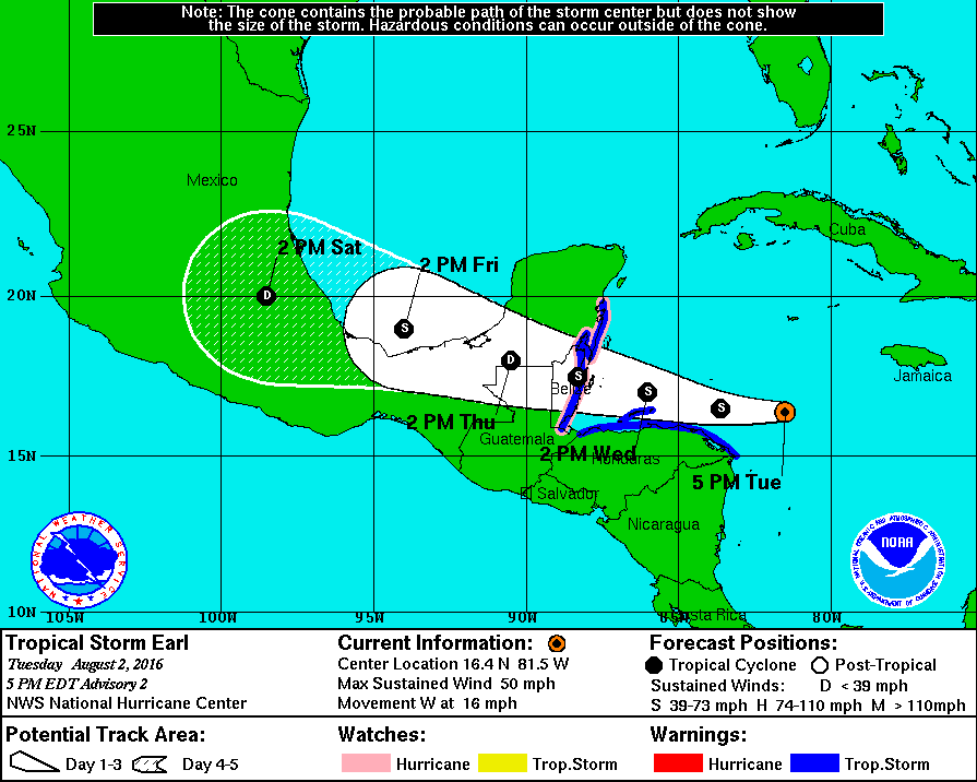 Tropical Storm Earl at 5:00 p.m. ET on Tuesday. Graphic: National Hurricane Center