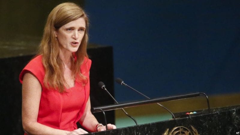 Samantha Powers hablando sobre Cuba en la Asamblea General de Naciones Unidas.