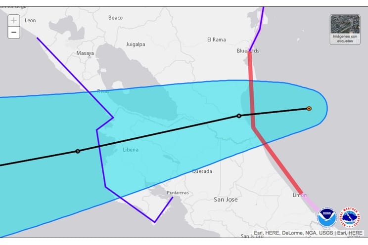 Map of the projected path of Hurricane Otto and its surrounding areas of influence.