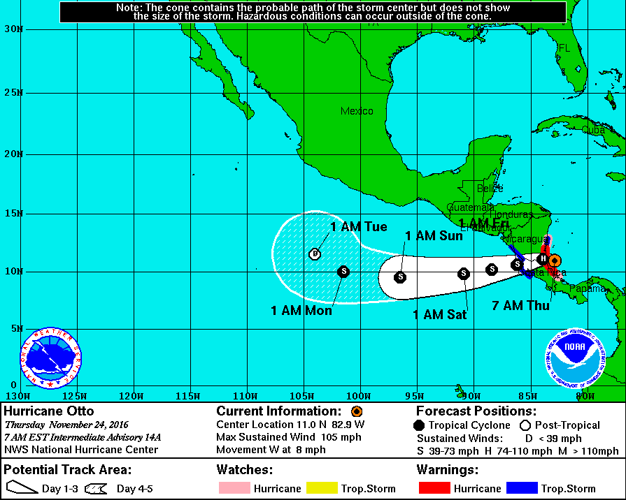 Projected path of Hurricane Otto at 7:00 a.m. on Thursday. (EST)